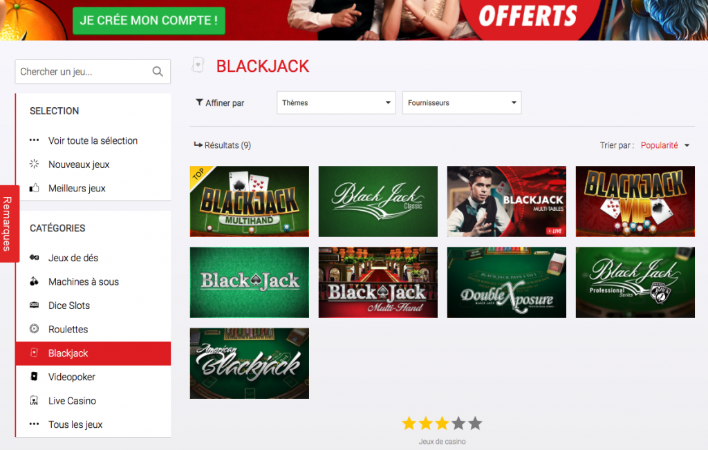 Jeux de blackjack en ligne